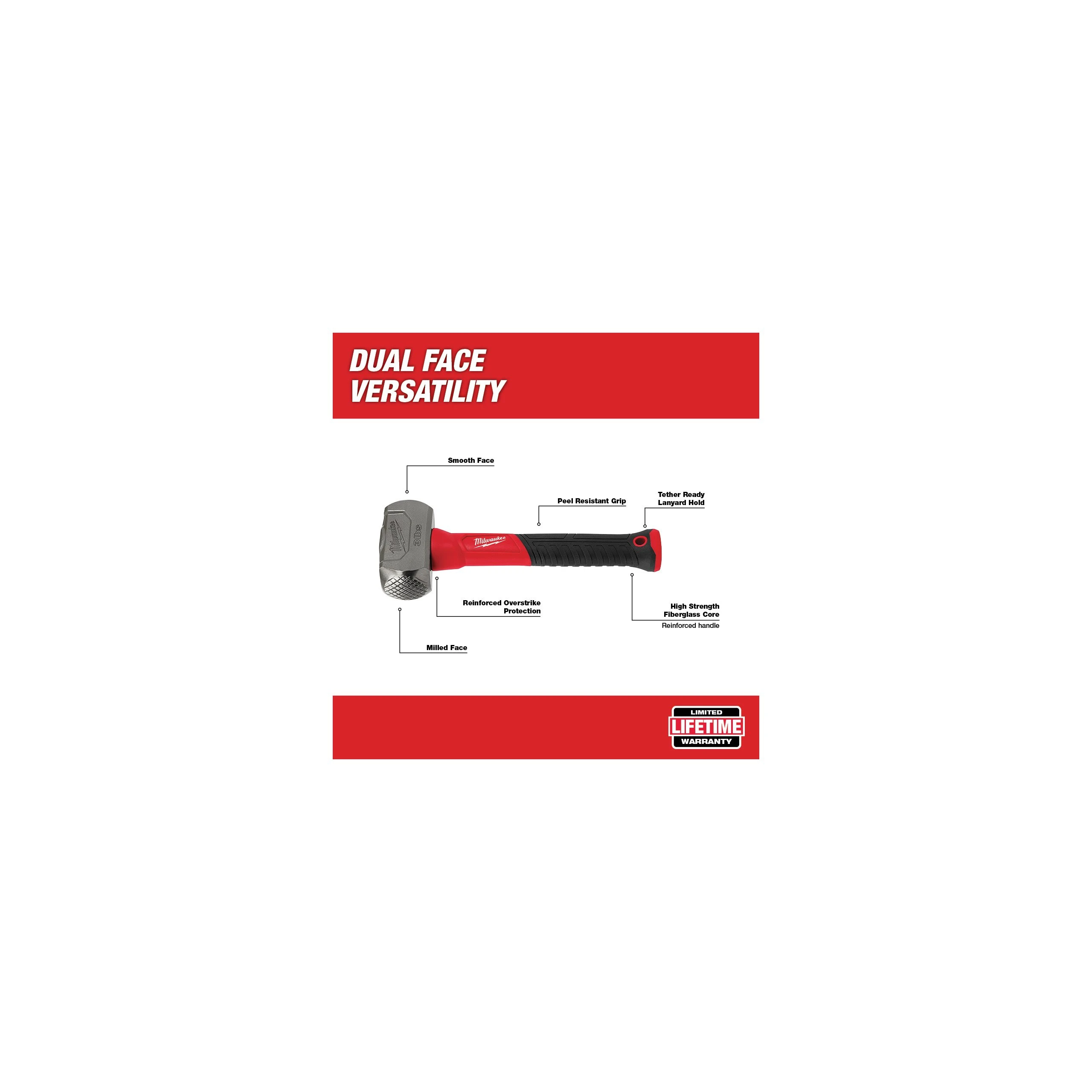 Duel Face Versatility: Milled face provides additional grip and minimizes movement of face when striking chisels or large nails, the smooth face prevents damage to struck objects.
