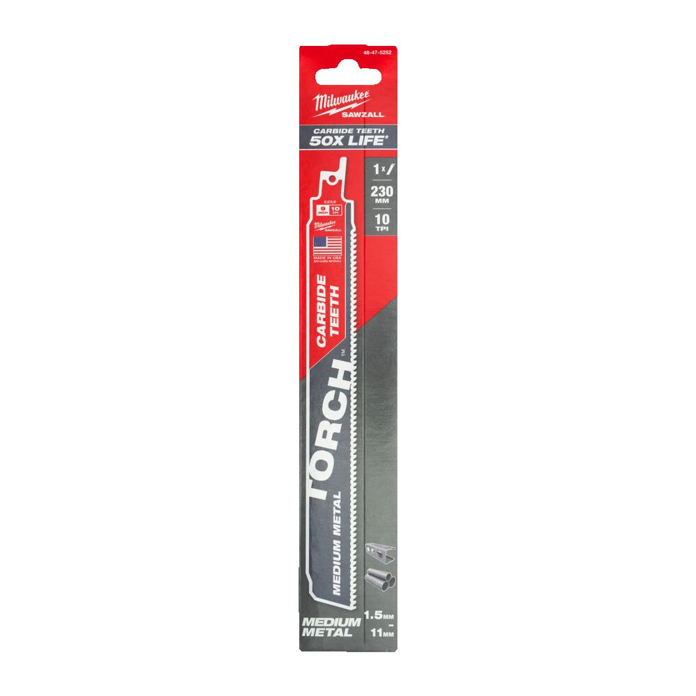 Milwaukee TORCH TCT reciprocating saw blade in red and black retail packaging, shown vertically on a white background.
