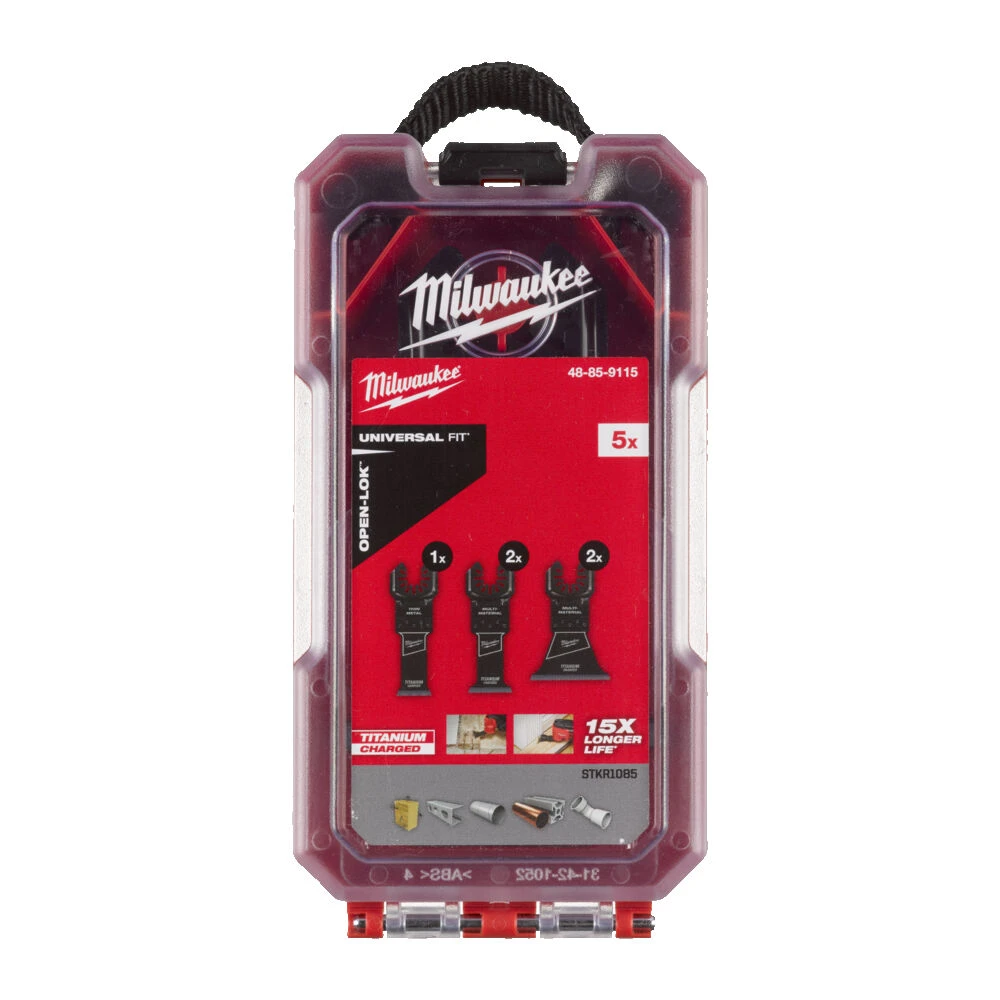 Milwaukee 5-piece OPEN-LOK Multi-Tool Blade Set in red and black retail packaging, shown against a white background.