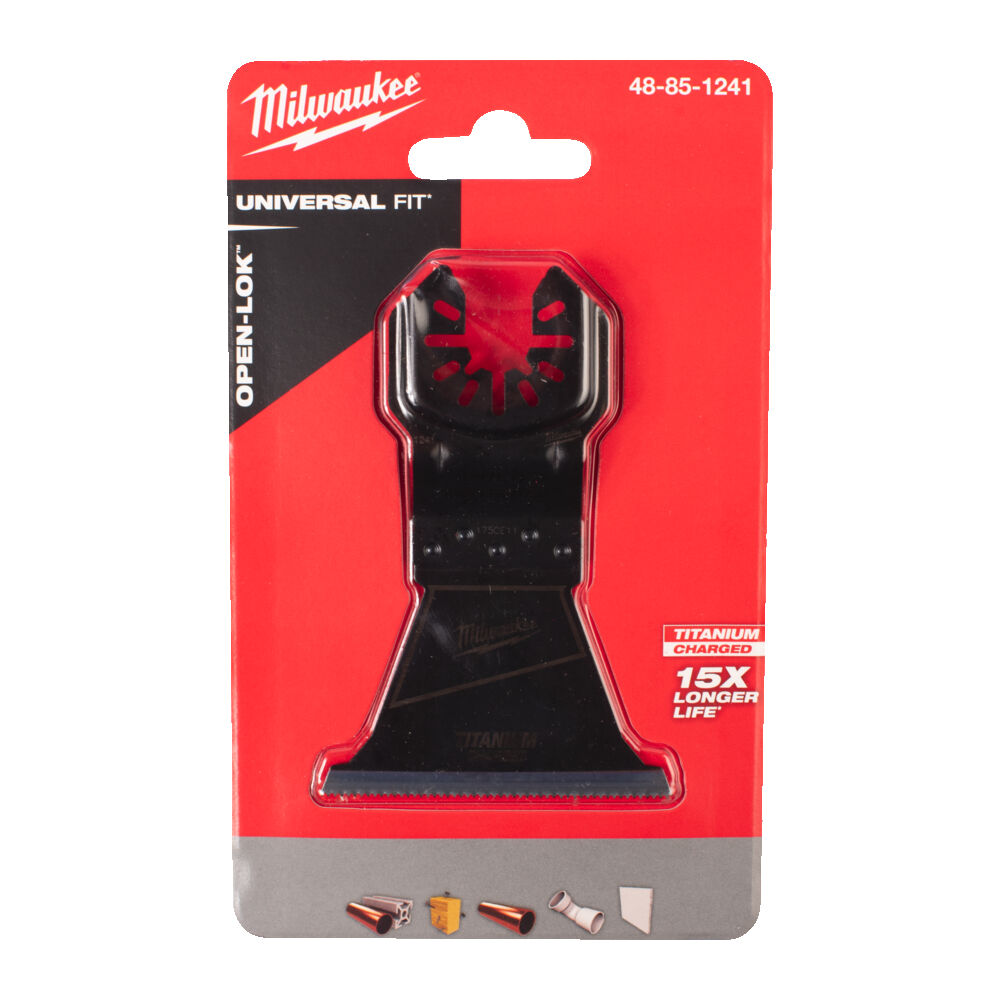 Milwaukee 64mm TITANIUM CHARGED multi-material OPEN-LOK multi-tool blade in red retail packaging.