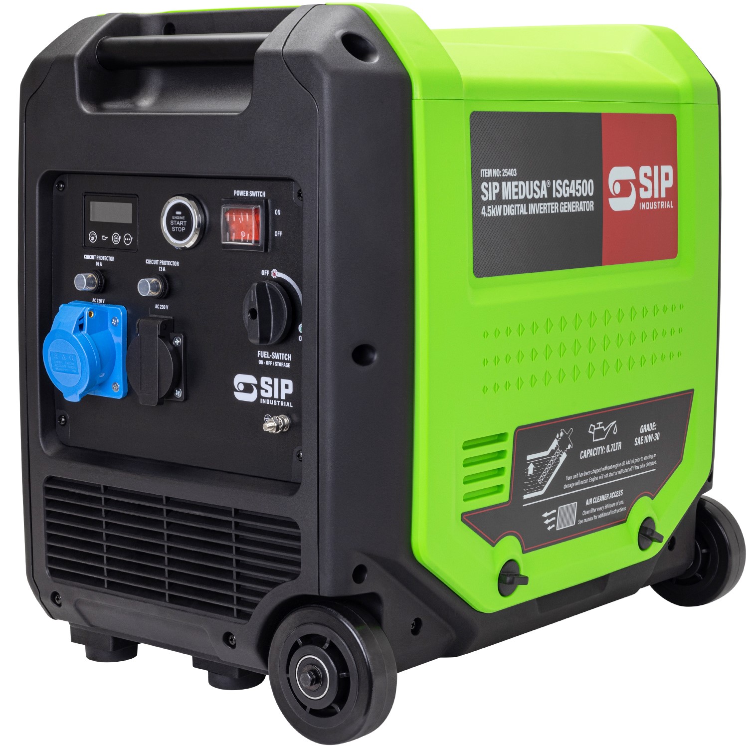 Side profile of the SIP ISG4500 digital generator showing heavy-duty transport wheels and lime green frame