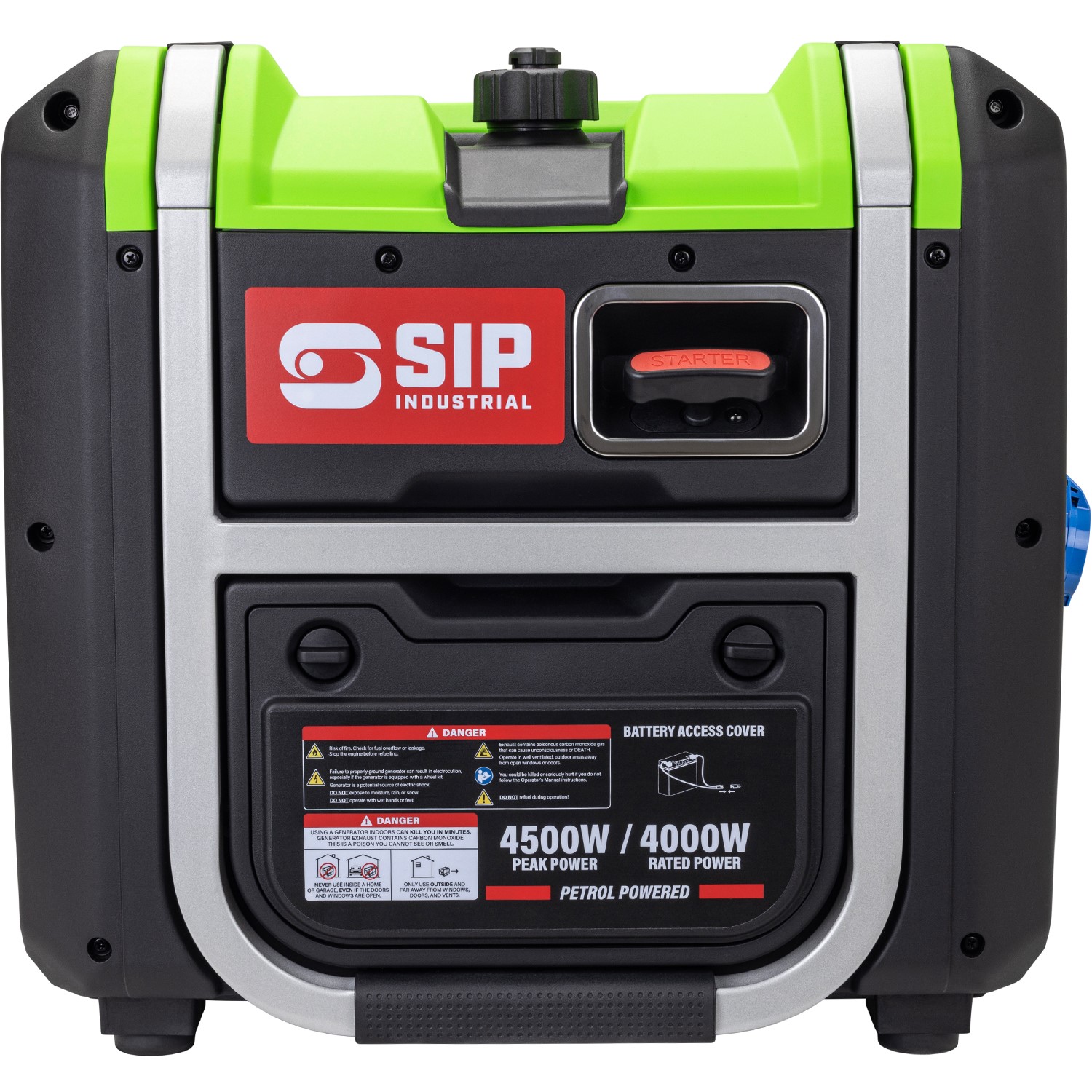 Front view of the SIP ISG4500 4.5kW inverter generator highlighting compact design and carrying handles