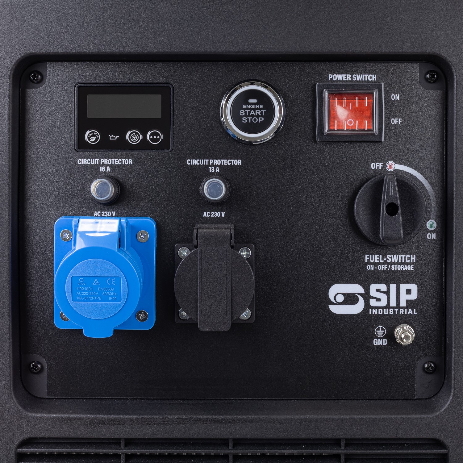 Detailed view of the power outlets, circuit breakers, and status indicator LEDs on the SIP ISG4500 panel