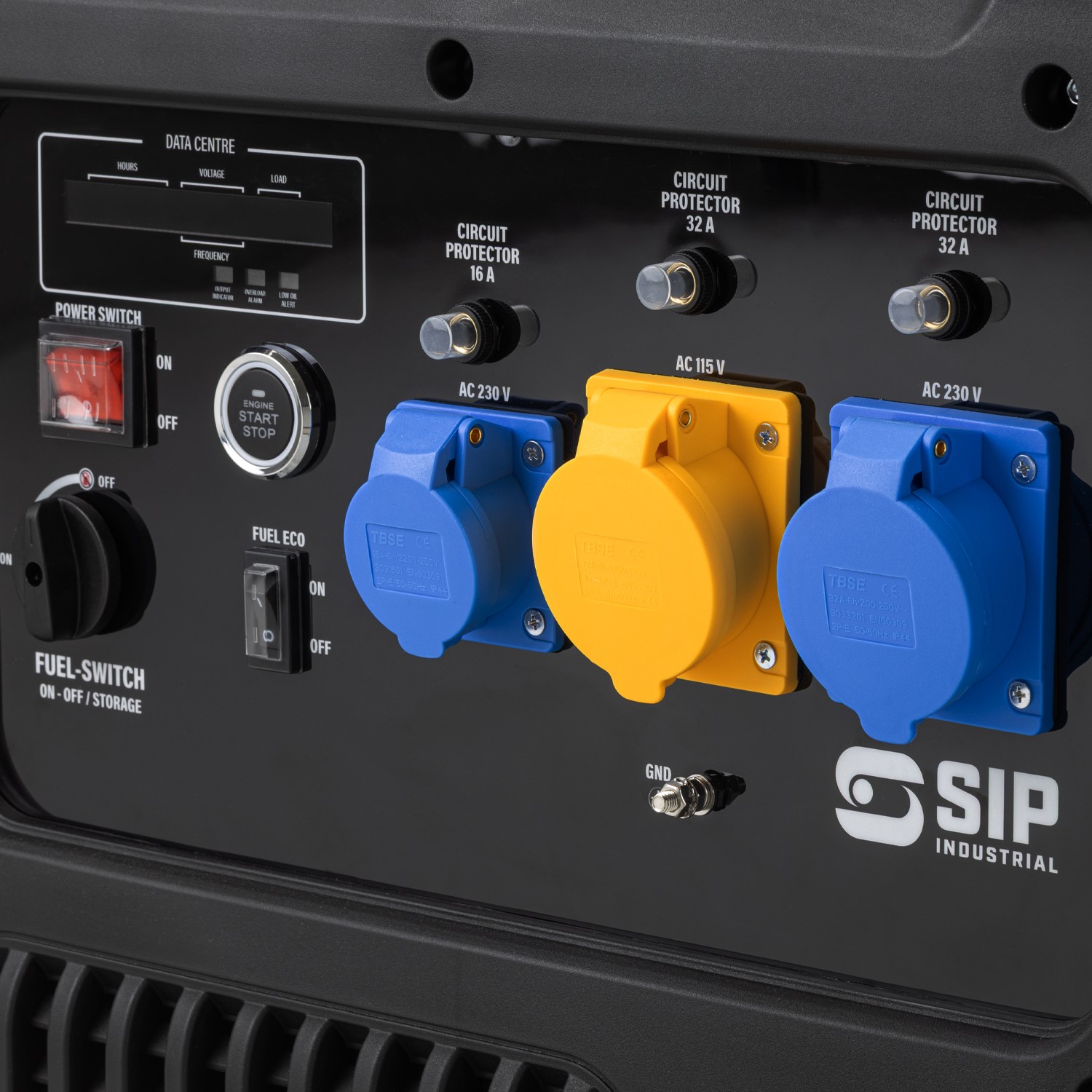 SIP Medusa ISG8800 generator control panel showing 110V and 230V industrial sockets and digital display