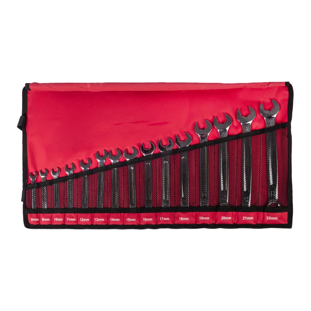 Milwaukee MAXBITE Slim Spanner Set 8pc rolled out flat in red pouch, spanners in sizes order