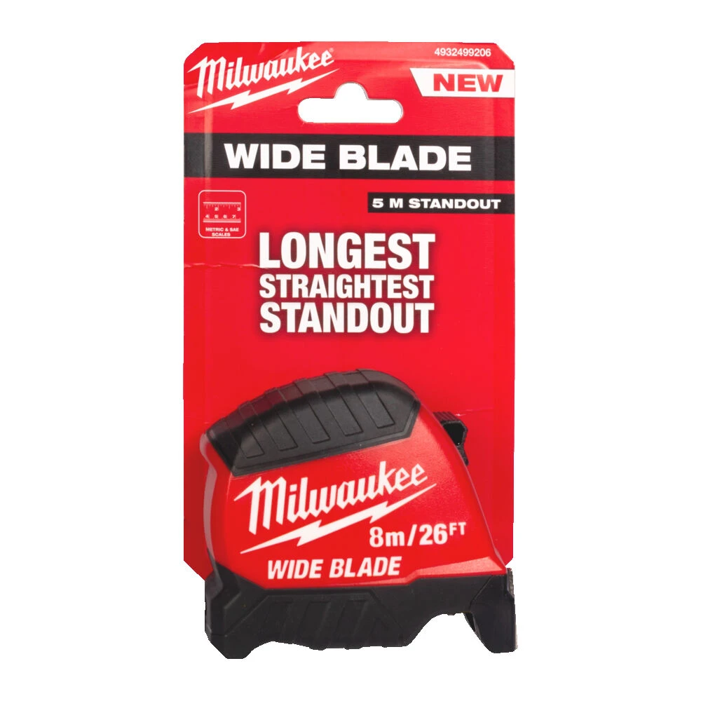 Milwaukee Gen 2 8m/26ft Wide Blade Tape Measure shown upright in its compact red and black retail packaging box.