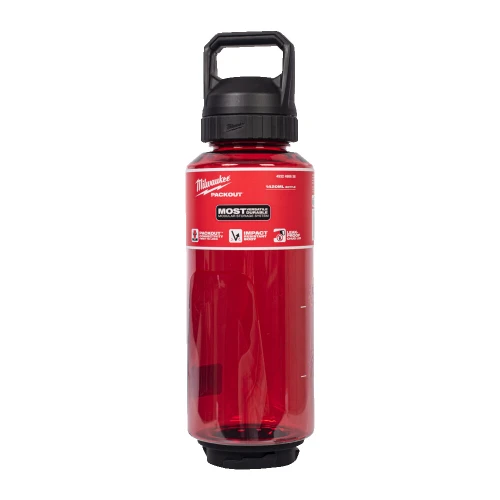 Milwaukee red PACKOUT water bottle with black lid and twist-and-lock base.