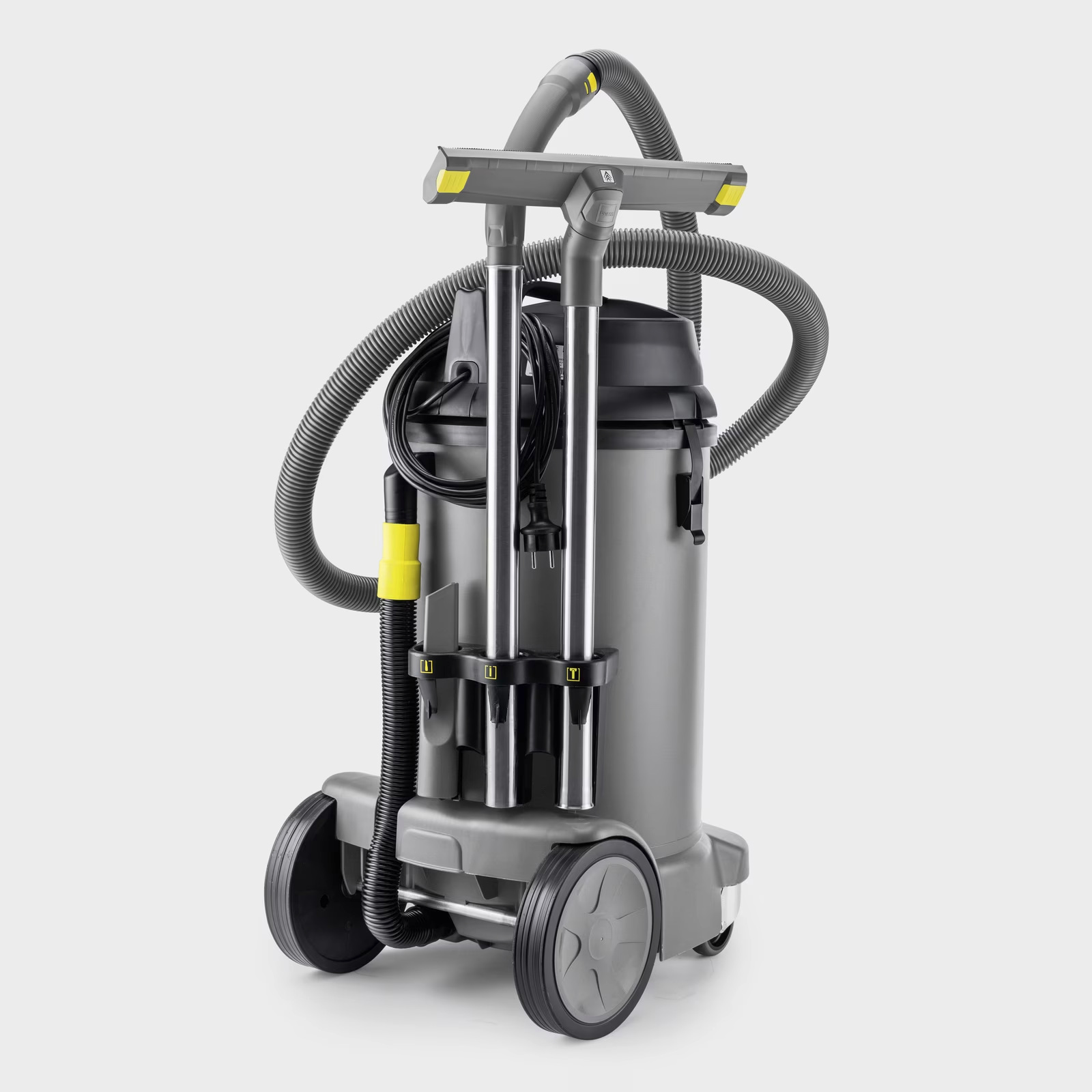 Kärcher NT 48/1 wet and dry vacuum cleaner showing rear accessory storage, suction hose and power cable.