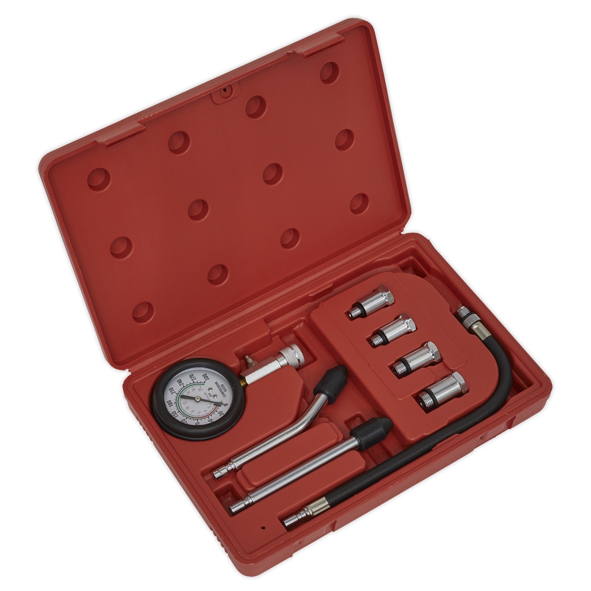 Petrol Engine Compression Test Kit 8pc | Compression tester fitted with Ø63mm gauge reading up to 300psi (20kg/cm²).