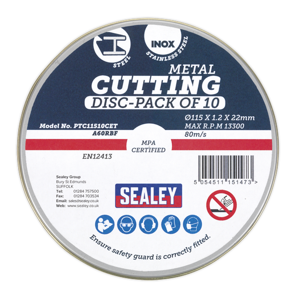 Sealey Cutting Disc 115 x 1.2mm 22mm Bore Pack of 10 PTC11510CET | General purpose flat cutting disc recommended for use with Sealey and other manufacturers of grinding and cutting power tools. | toolforce.ie