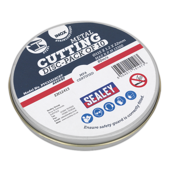 Sealey Cutting Disc 115 x 1.2mm 22mm Bore Pack of 10 PTC11510CET | Supplied in metal tin. | toolforce.ie