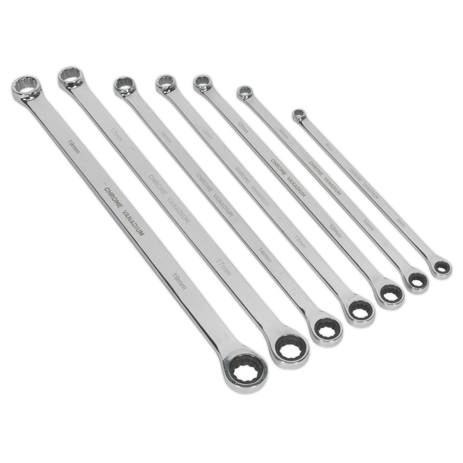 Double Ring Ratchet/Fixed Spanner Set 7pc Extra-Long Metric | Manufactured from hardened and tempered Chrome Vanadium steel with a fully polished mirror finish. | toolforce.ie