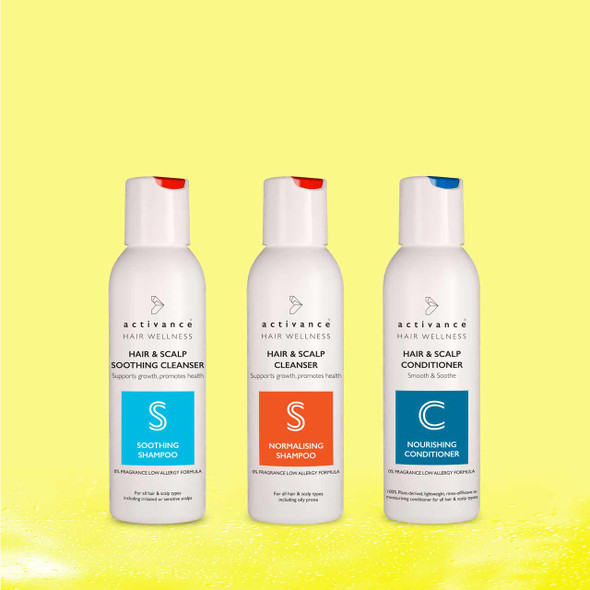 Travel size Soothing Shampoo, Normalising Shampoo and Nourishing Conditioner.