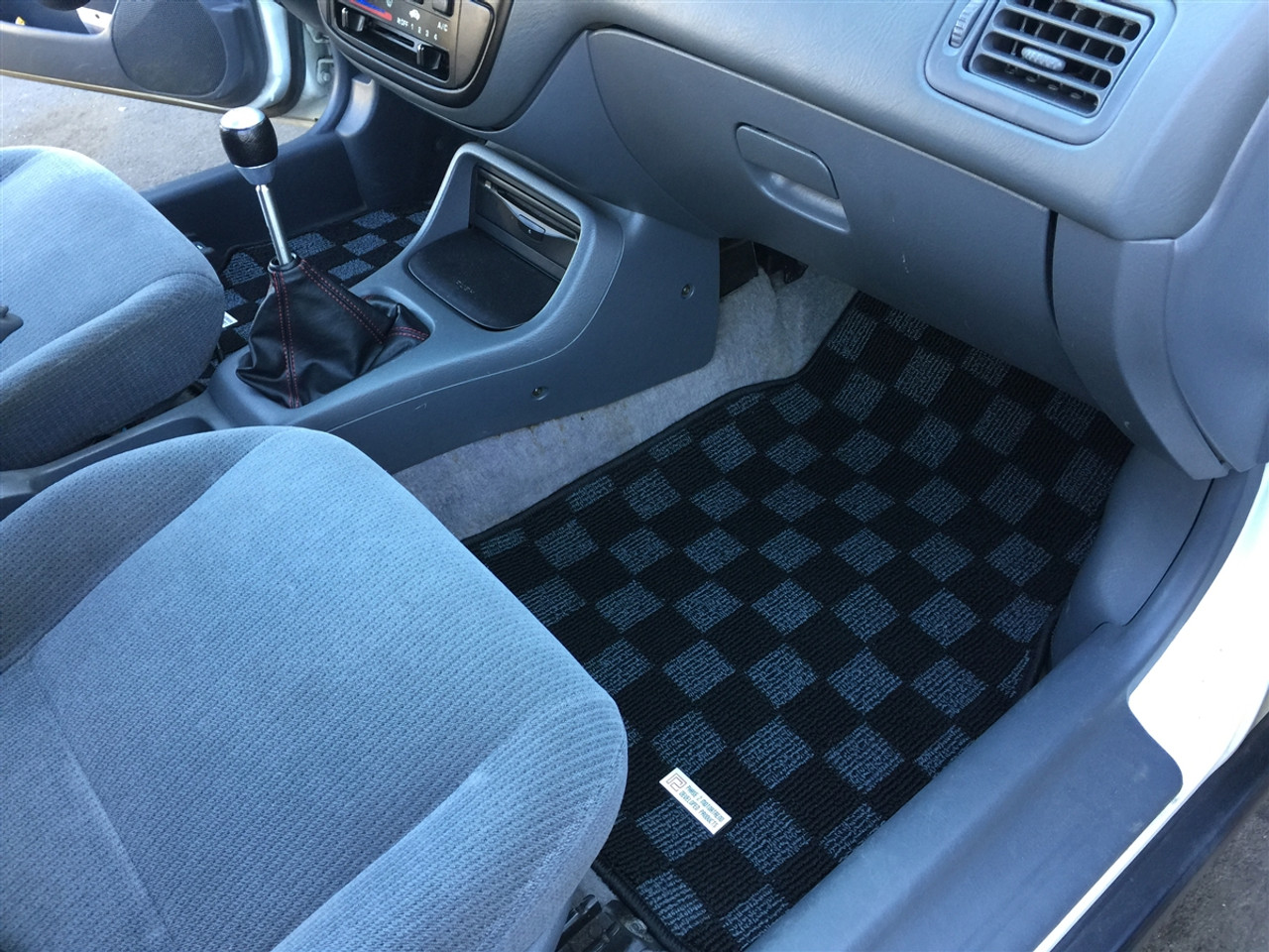 P2M HONDA CIVIC EK3/EK9/EM1 CHECKERED RACE FLOOR MATS (FRONT/REAR SET) DARK  GREY, 3PCS SET INCLUDING REAR, HATCH/SEDAN/COUPE Enjuku Racing Parts, LLC