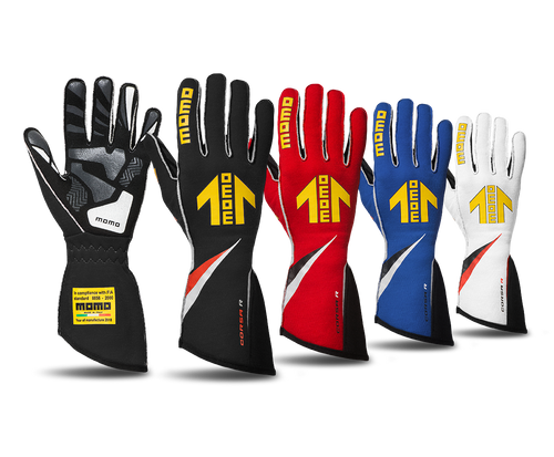 Momo Gloves -Corsa R, External Stitch, Precurved, Size 8, Black, FIA 8856/2000