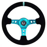 RST-006S-TL  Reinforced Steering Wheel (350mm/ 3in. Deep) Black Suede/ Teal Center Mark/ Teal Stitching
