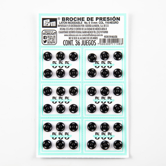 Broche de Presión Negro Prym 48 Tarjetas con 36 Juegos No. 0/9 mm 116-Negro