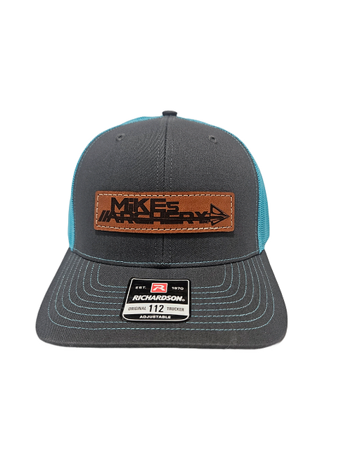 Mike's Archery Logo Leather Patch Richardson 112 Hat (Charcoal and Neon Blue)