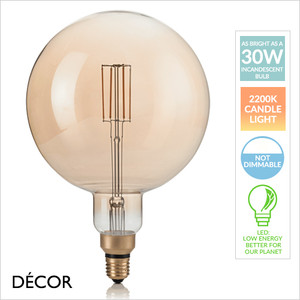 Ideal Lux - E27 4W - XL Vintage Extra Large Amber Glass LED Filament Globe Bulb, 2200K Candle Light, Ø:19.5 cm - As Bright as a 30W Incandescent Bulb - Energy Efficient & Cost Effective Ideal Lux - E27 4W - XL Vintage Extra Large Amber Glass LED Filament Globe Bulb, 2200K Candle Light, Ø:19.5 cm - As Bright as a 30W Incandescent Bulb - Energy Efficient & Cost Effective