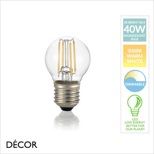 Ideal Lux - E27 4W LED Filament Designer Golf Ball Shaped Light Bulb, 3000K Warm White, Dimmable - As Bright as a 40W Incandescent Bulb - Energy Efficient Lighting & Cost Effective Ideal Lux - E27 4W LED Filament Designer Golf Ball Shaped Light Bulb, 3000K Warm White, Dimmable - As Bright as a 40W Incandescent Bulb - Energy Efficient Lighting & Cost Effective