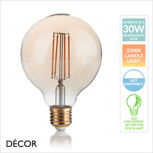 Ideal Lux - E27 4W Large 95mm Vintage Amber Glass LED Filament Globe Light Bulb - As Bright as a 30W Incandescent Bulb - Energy Efficient Cost Effective Lighting Ideal Lux - E27 4W Large 95mm Vintage Amber Glass LED Filament Globe Light Bulb - As Bright as a 30W Incandescent Bulb - Energy Efficient Cost Effective Lighting