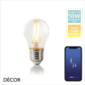 Nordlux - Smart E27 4.7W LED Filament Golf Ball Shaped Light Bulb, Clear, 2700K - 3000K Warm White Light, Dimmable - As Bright as a 50W Incandescent Bulb - Innovative, Energy Efficient & Cost Effective Lighting Nordlux - Smart E27 4.7W LED Filament Golf Ball Shaped Light Bulb, Clear, 2700K - 3000K Warm White Light, Dimmable - As Bright as a 50W Incandescent Bulb - Innovative, Energy Efficient & Cost Effective Lighting