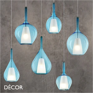 Ideal Lux - Kalique, 6 Shapes and Sizes - Blue Glass with a Satin White Glass Core Modern Designer Pendant Light - Italian Design for a Kitchen, Kitchen Island, Dining Room, Hotel, Restaurant & Café