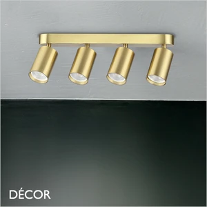 Ideal Lux - Dynamite 4 - Round Brushed Brass Modern Designer Adjustable Spotlight Bar with a Linear Base - Perfect for a Kitchen, Dining Room, Office, Restaurant or Bar
