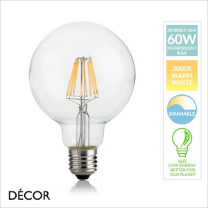 1A1 Ideal Lux - E27 8W Large 95mm LED Filament Designer Globe Light Bulb, 3000K Warm White, Dimmable - As Bright as a 60W Incandescent Bulb - Energy Efficient Lighting for Home & Business 1A1 Ideal Lux - E27 8W Large 95mm LED Filament Designer Globe Light Bulb, 3000K Warm White, Dimmable - As Bright as a 60W Incandescent Bulb - Energy Efficient Lighting for Home & Business