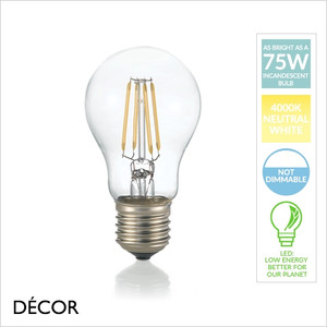 Ideal Lux - E27 8W LED Filament Designer Light Bulb, 4000K Neutral White - As Bright as a 75W Incandescent Bulb - Energy Efficient Lighting for your Home and for your Business