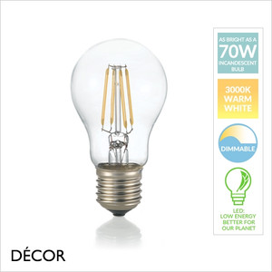 Ideal Lux - E27 8W LED Filament Designer Light Bulb, Dimmable, Clear, Warm White Light - As Bright as a 70W Incandescent Bulb - Energy Efficient Lighting for your Home and for your Business