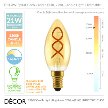 LED E14 dimmable 4W 2000K 200lm 45 mm, Amber