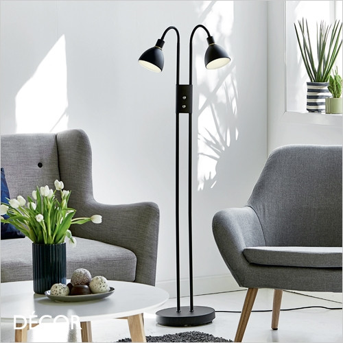 Ray - Black with Brass Detail Modern Designer Dimmable Double Head Floor Lamp - Perfect for a Living Room, Study, Dining Room, Hotel & Reception