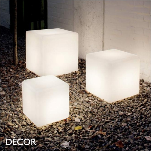 Luna, 3 Sizes - White Outdoor Modern Designer Illuminated Floor Cubes - Water Resistant - Stunning Minimalism for any Contemporary Space