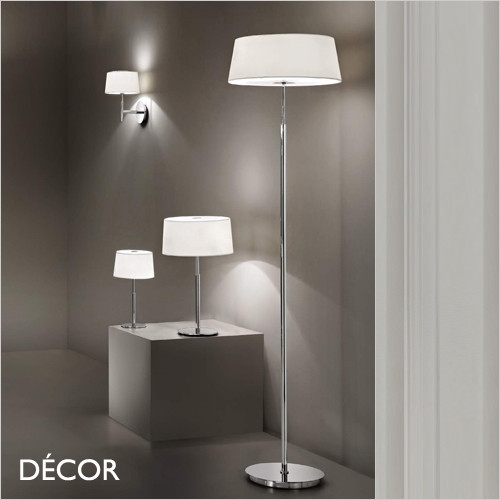 Hilton - White Fabric Shade & Chrome Base Modern Designer Floor Lamp - Stylish Italian Chic for a Living Room, Study or Bedside