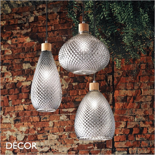 11A1 Bergen, 3 Sizes - Patterned Smoked Grey Glass & Wood Modern Designer Pendant Light - Vintage Italian Design for a Kitchen, Kitchen Island, Dining Room, Hotel, Restaurant & Café