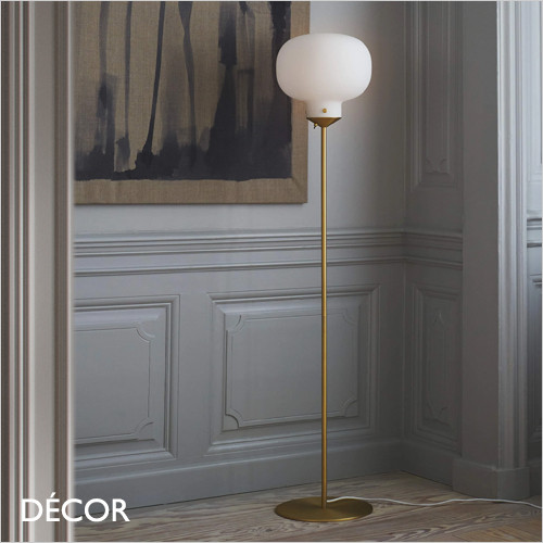 Raito - Satin Brass & Opal White Glass Modern Designer Floor Lamp - Danish Style Ideal for a Living Room, Reception Room, Bedroom or Hotel