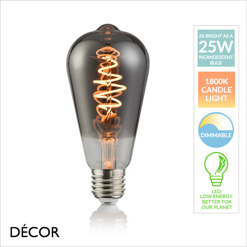 E27 5W Spiral Deco Smoked LED Filament Teardrop Bulb, 1800K Candle Light, Dimmable - As Bright as a 30W Incandescent Bulb - Energy Efficient & Cost Effective Lighting