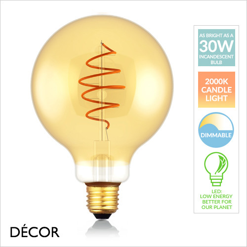 1A1 E27 5W Spiral Deco Gold LED Filament Globe 125 Light Bulb, 2000K Candle Light, Dimmable - As Bright as a 30W Incandescent Bulb - Energy Efficient & Cost Effective Lighting