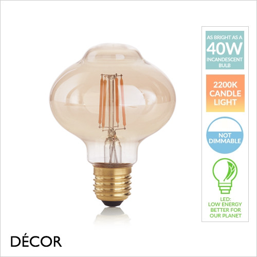 Ideal Lux - E27 4W Vintage Amber Glass LED Filament Bubble Light Bulb, 2200K Candle Light, Ø: 8 cm - As Bright as a 40W Incandescent Bulb - Energy Efficient & Cost Effective Lighting