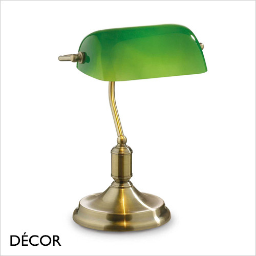 green glass and brass desk lamp