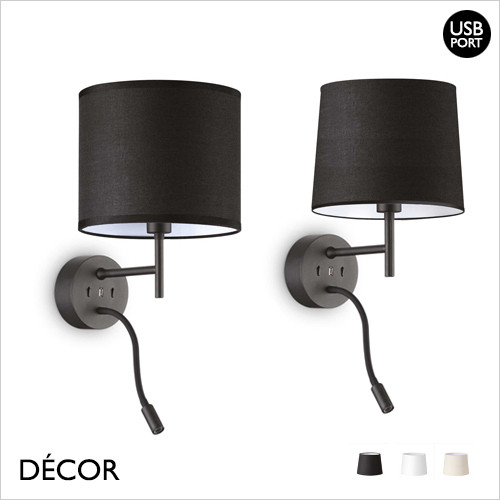 Set Up - Matt Black Wall Lamp Base with LED Reading Lamp, a USB Port and a Choice of Conical or Cylindrical Shades in Black, White or Beige - Stylish Italian Chic for a  Bedroom, Guest Room or Hotel
