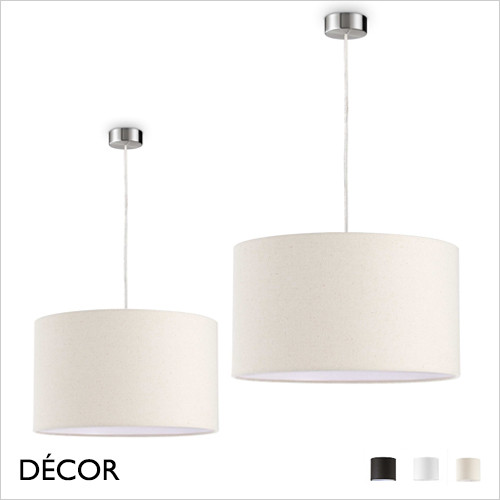 Set Up - Satin Nickel Pendant Light Fitting with a Choice of Small or Large Cylindrical Shades in Black, White or Beige - Stylish Italian Chic for a  Kitchen, Dining Room, Reception Room, Hotel or Restaurant