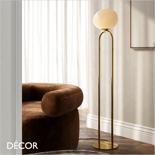 11 Shapes - Opal White Glass & Polished Brass Modern Designer Floor Lamp - Ideal for a Living Room, Study or Bedroom