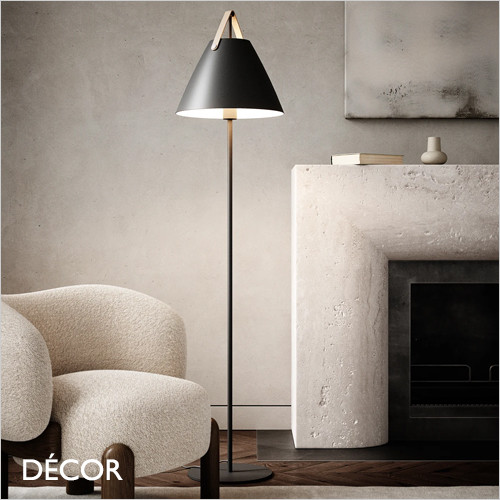 1 Strap - Matt Black & Leather Modern Designer Floor Lamp - Ideal for a Living Room, Study or Bedroom. DFTP