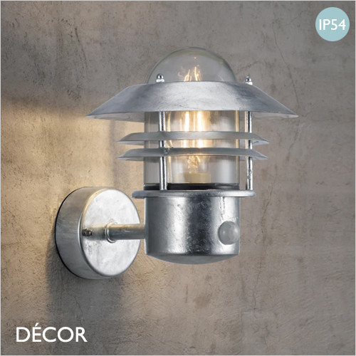 Blokhus - Galvanized Steel with Sensor Modern Designer Outdoor Wall Light - Contemporary Industrial Style Lighting for your Garden, Hotel, Bistro & Café