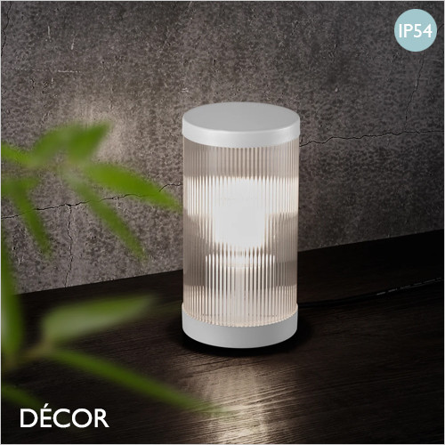 Coupar - Ribbed-Glass and Sand Grey Modern Designer Outdoor Table Lamp - Stylish Danish Design for your Garden, Hotel & Bistro