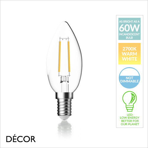 E14 5.9W LED Filament Designer Candle Shaped Bulb - As Bright as a 60W Incandescent Bulb - Energy Efficient Lights for Home, Hotel, Bar & Café