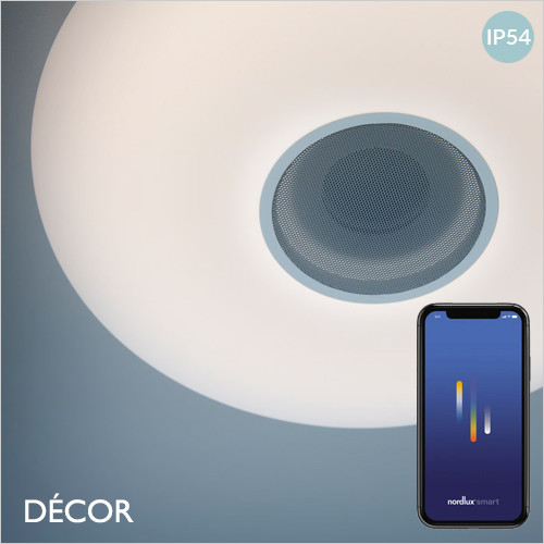 Djay Smart Colour Speaker - White Modern Designer Bluetooth Water-Resistant LED Wall or Ceiling Light - Bluetooth Speaker Suitable For the Bathroom and Any Contemporary Indoor Space