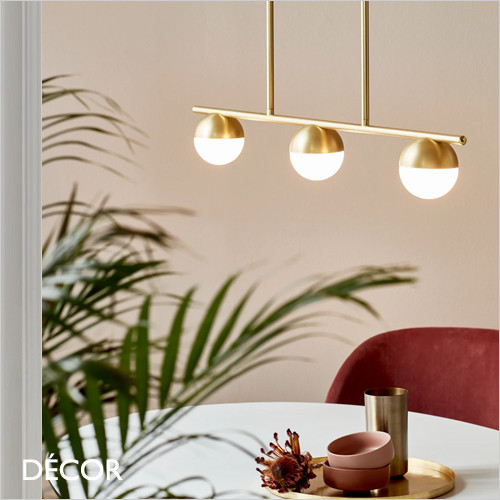 1 B Contina 3-Spot - Opal White Glass & Brushed Brass Globe Multiple Pendant Light - Ideal for a Dining Table or Kitchen Island